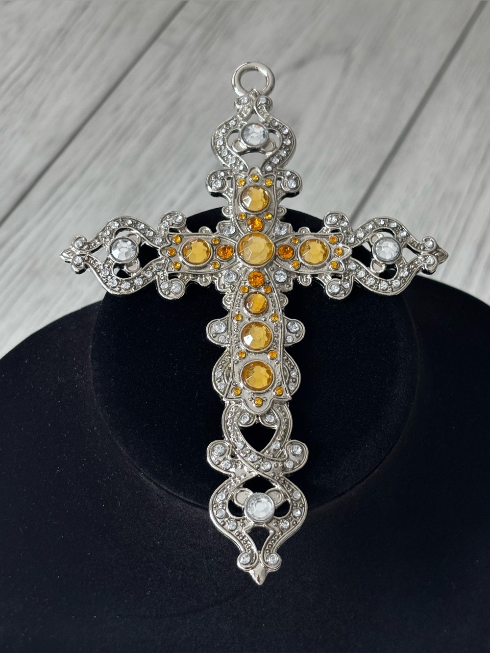 Vintage Silver Cross  with Amber Crystal Accents - religious home decor/wall art